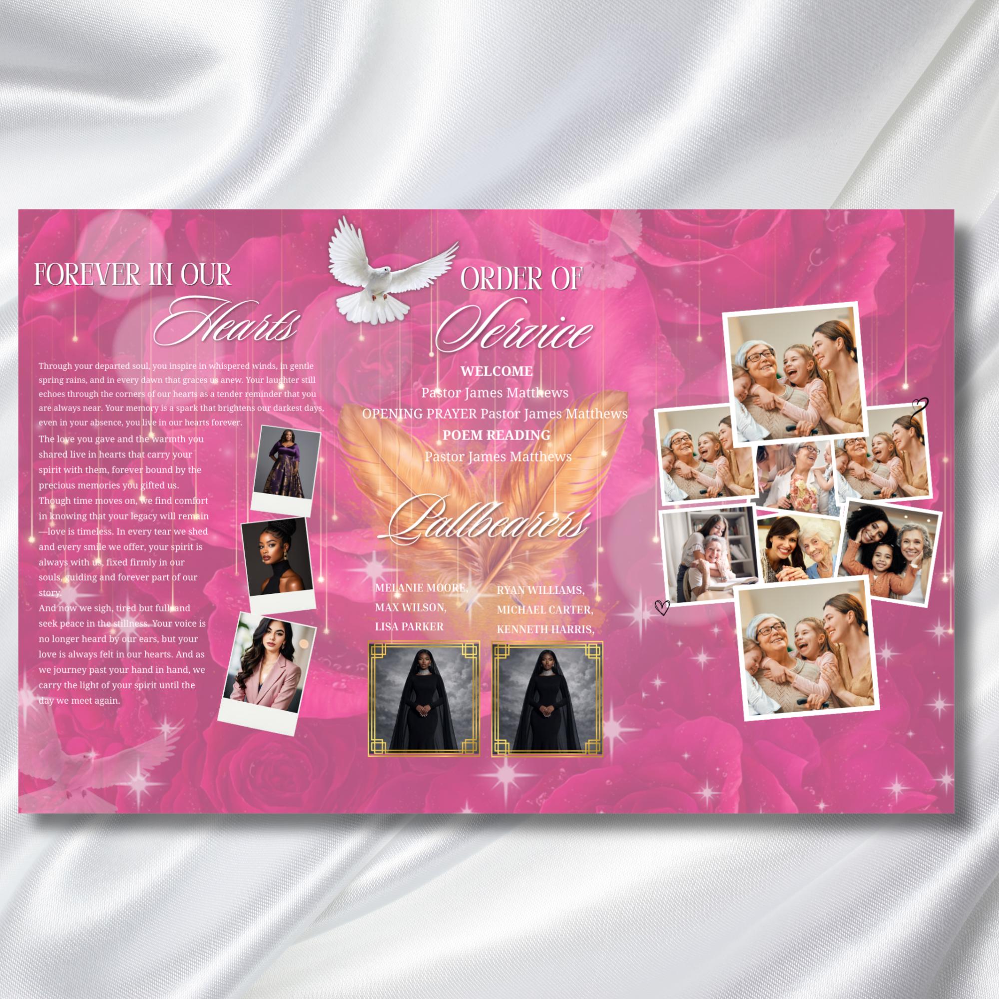 Pink and Gold for a Woman Obituary Funeral Program Template, Editable TriFold 17x11 Program, Celebration of Life Obituary, Digital Download - Editable Memorial Canva Template
