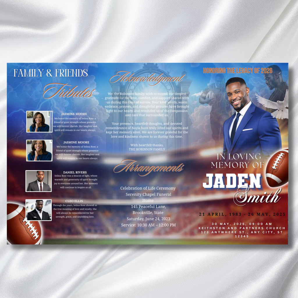 In Loving Memory Blue Football Funeral Program Template, Editable TriFold 17x11 Program, Celebration of Life Obituary, Digital Download - Editable Memorial Canva Template