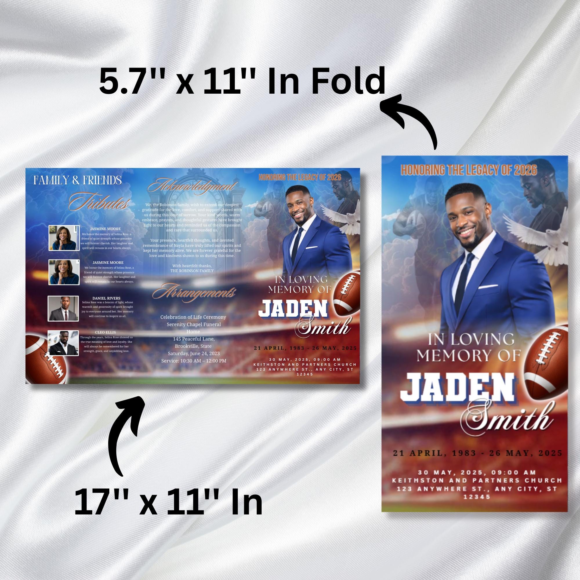 In Loving Memory Blue Football Funeral Program Template, Editable TriFold 17x11 Program, Celebration of Life Obituary, Digital Download - Editable Memorial Canva Template