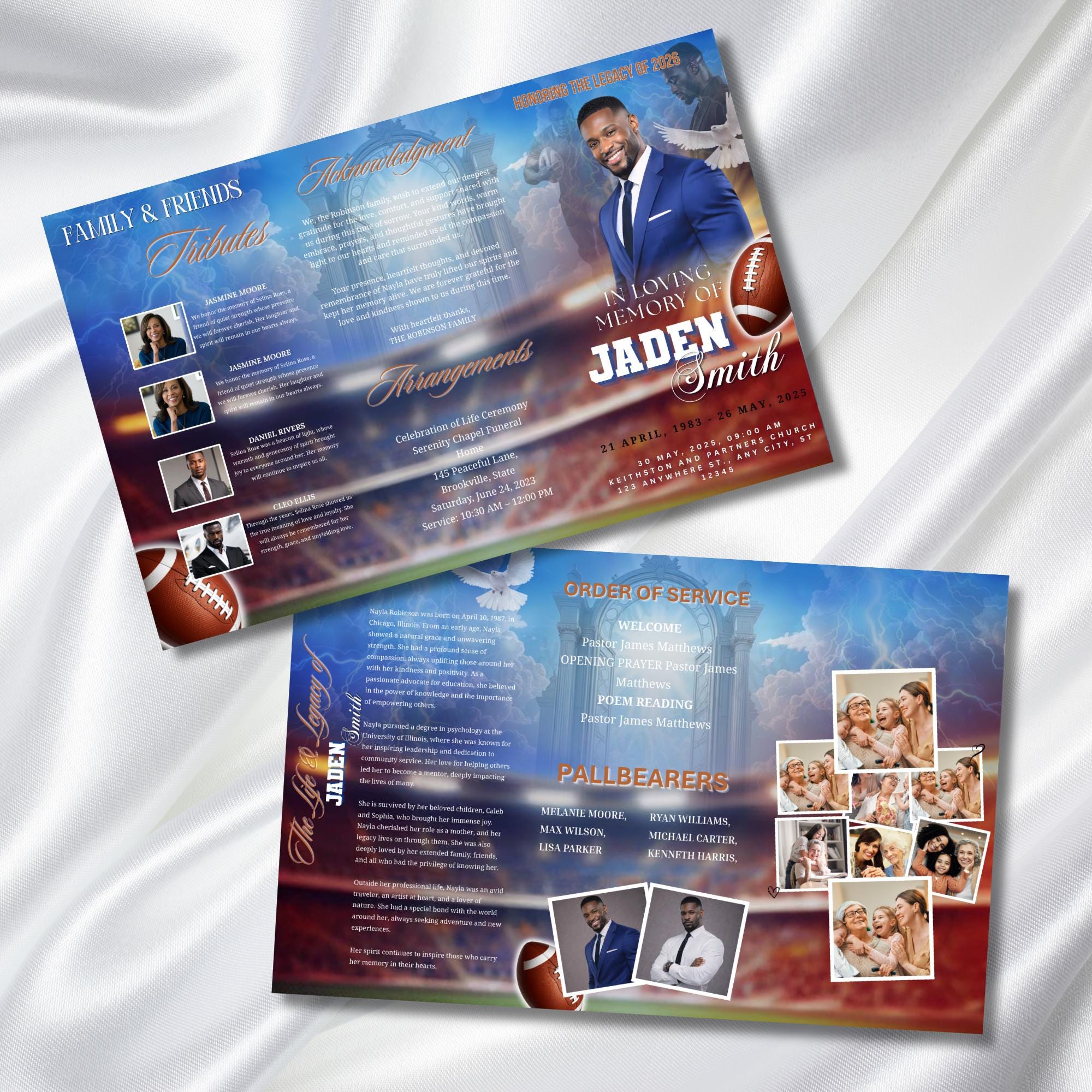 In Loving Memory Blue Football Funeral Program Template, Editable TriFold 17x11 Program, Celebration of Life Obituary, Digital Download - Editable Memorial Canva Template