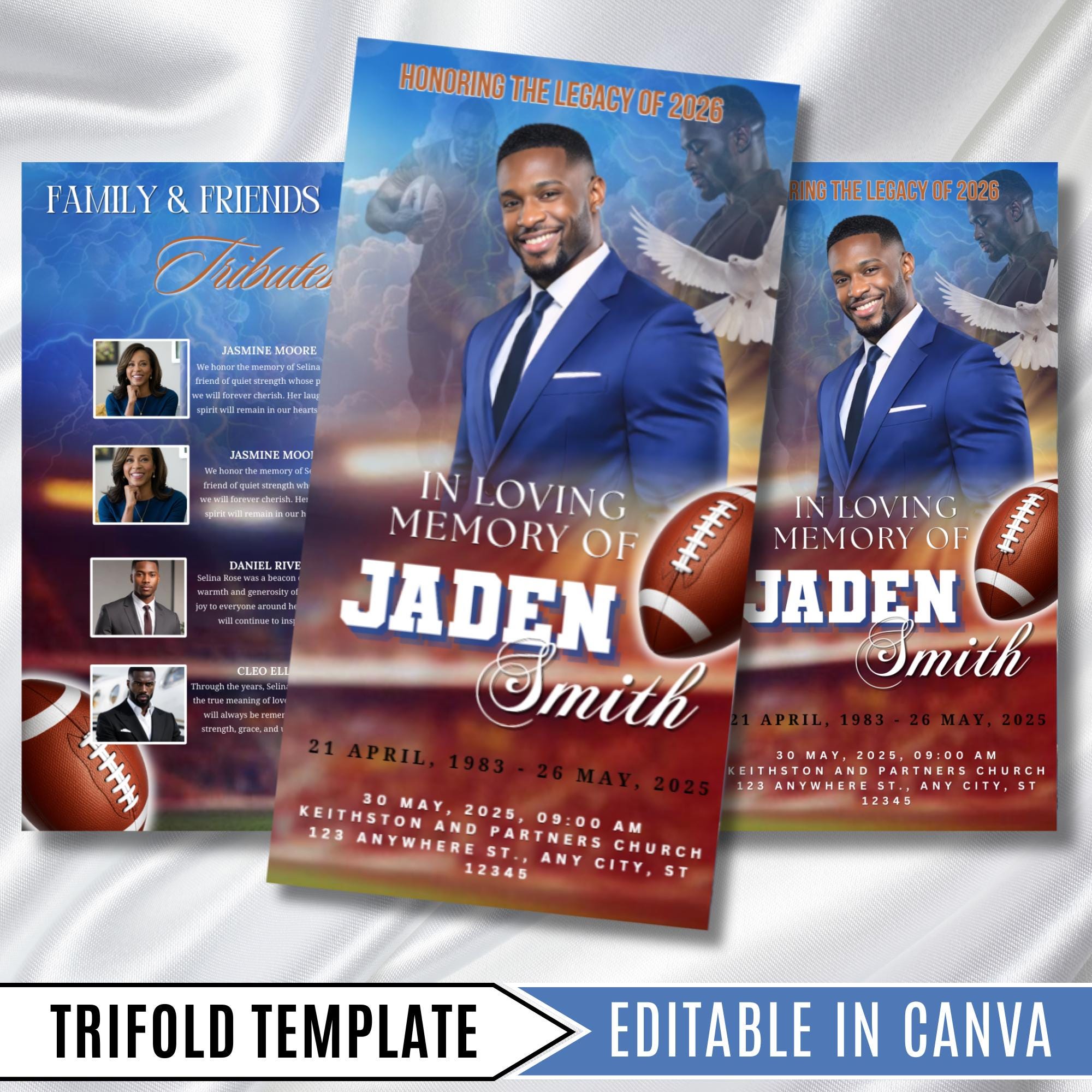 In Loving Memory Blue Football Funeral Program Template, Editable TriFold 17x11 Program, Celebration of Life Obituary, Digital Download - Editable Memorial Canva Template