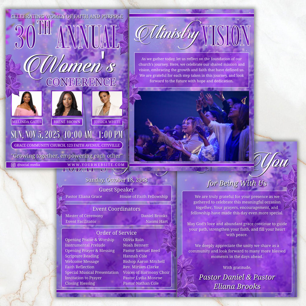 Womens Church Conference Program, Editable Bifold 8.5x11” Design, Church Appreciation Program, Anniversary & Faith Celebration - Editable Memorial Canva Template