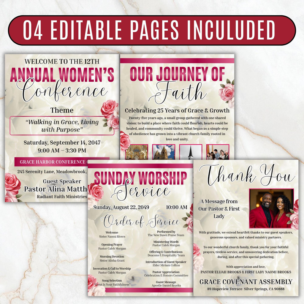 Women's Conference Program Canva Template, Editable Bifold 8.5x11” Design, Church Appreciation Program, Anniversary & Faith Celebration - Editable Memorial Canva Template