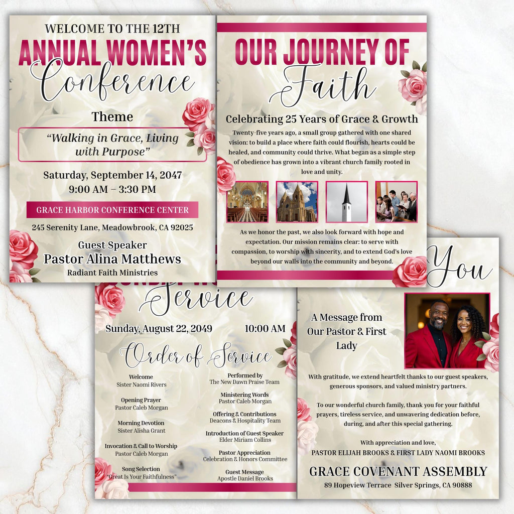 Women's Conference Program Canva Template, Editable Bifold 8.5x11” Design, Church Appreciation Program, Anniversary & Faith Celebration - Editable Memorial Canva Template