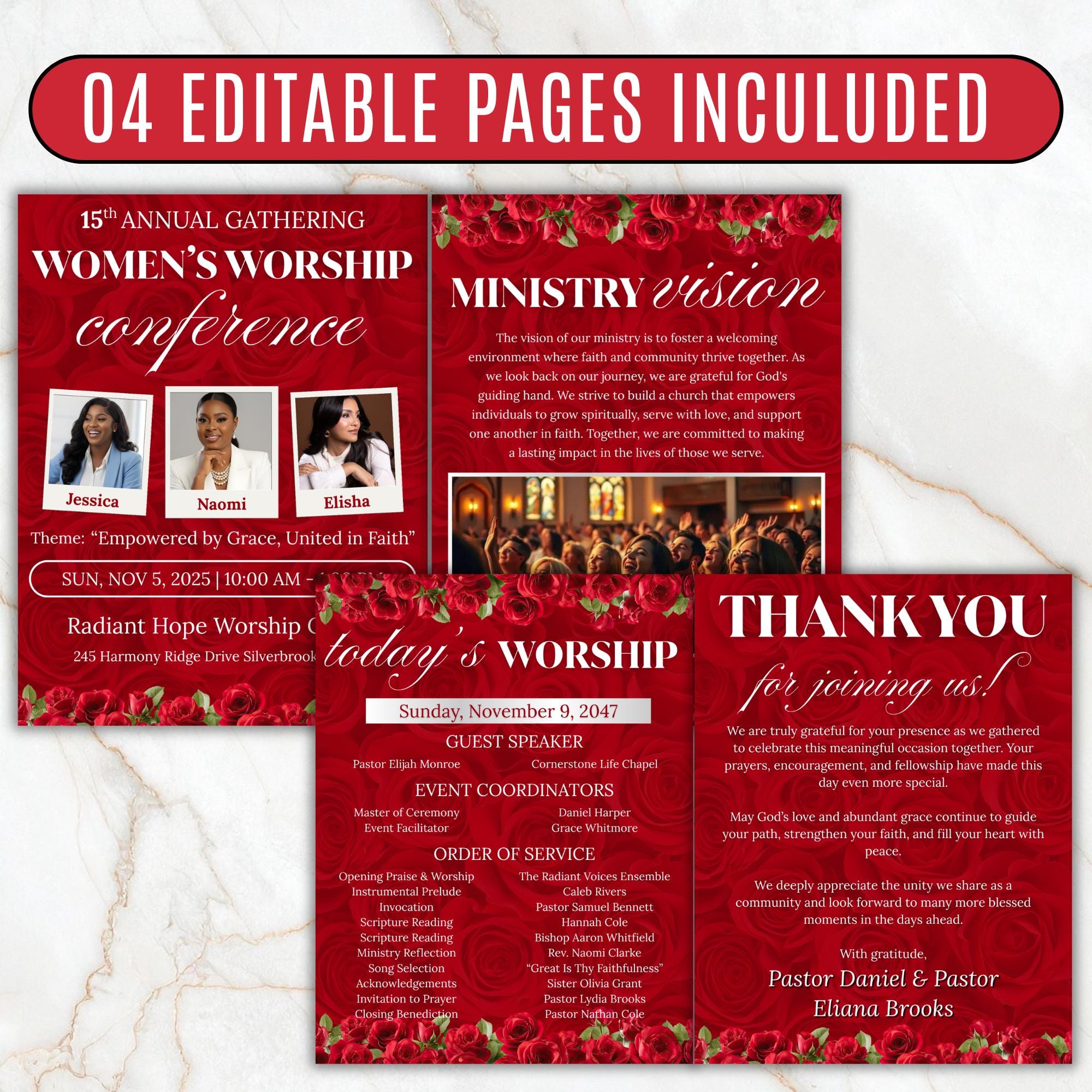 04 Red Women's Ministry Conference Program, Editable Bifold 8.5x11” Design, Canva Program Template, Digital Download - Editable Memorial Canva Template
