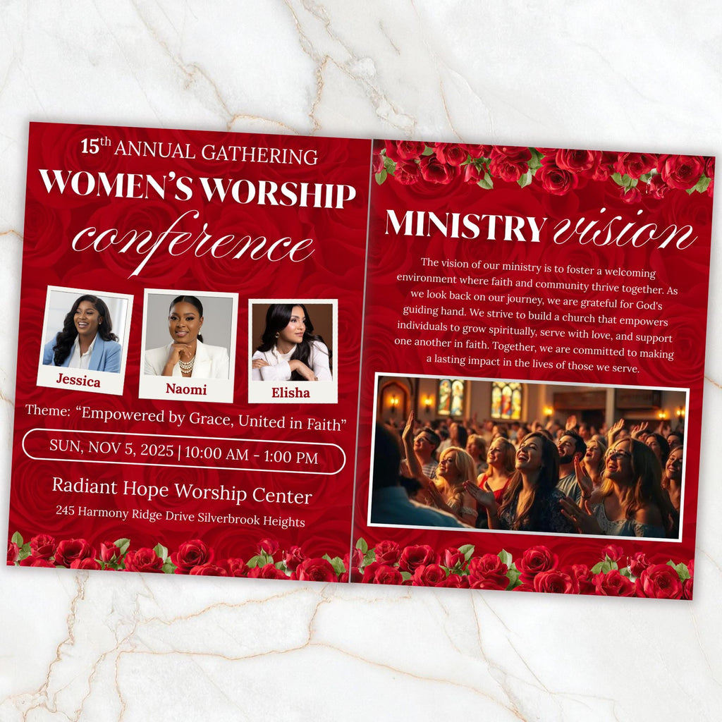 04 Red Women's Ministry Conference Program, Editable Bifold 8.5x11” Design, Canva Program Template, Digital Download - Editable Memorial Canva Template