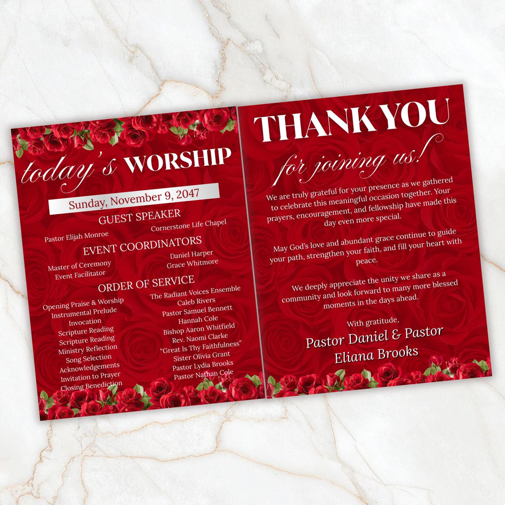 04 Red Women's Ministry Conference Program, Editable Bifold 8.5x11” Design, Canva Program Template, Digital Download - Editable Memorial Canva Template