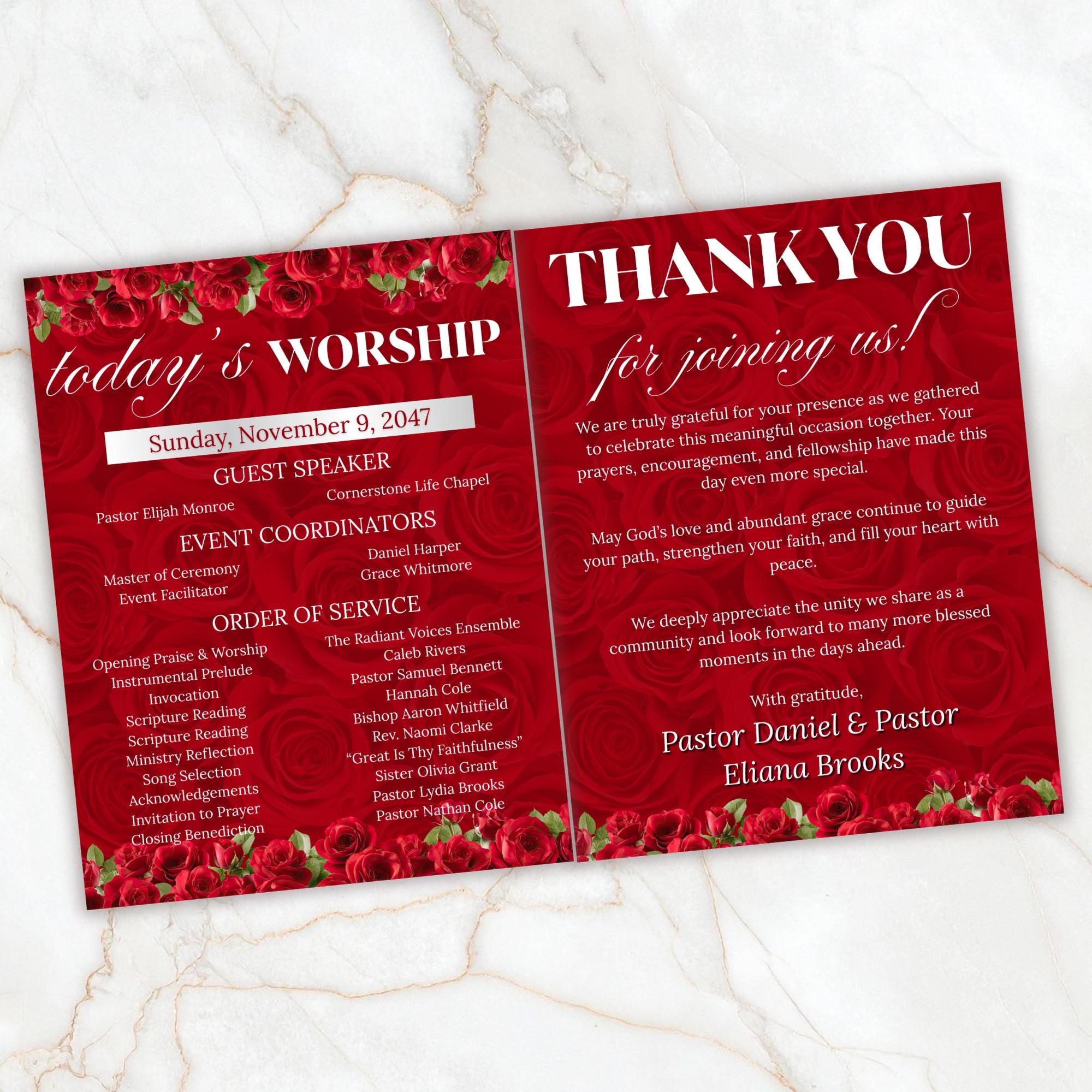04 Red Women's Ministry Conference Program, Editable Bifold 8.5x11” Design, Canva Program Template, Digital Download - Editable Memorial Canva Template