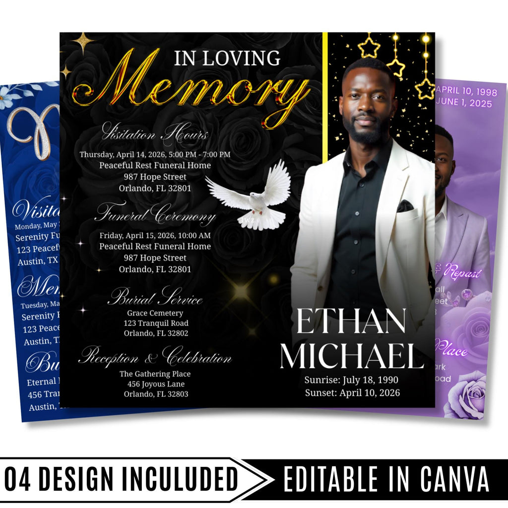 04 Memorial Flyer Canva Template Bundle, Memorial Funeral, in loving memory templates, Funeral Invite Flyer Template, Rest in Peace Flyer - Editable Memorial Canva Template