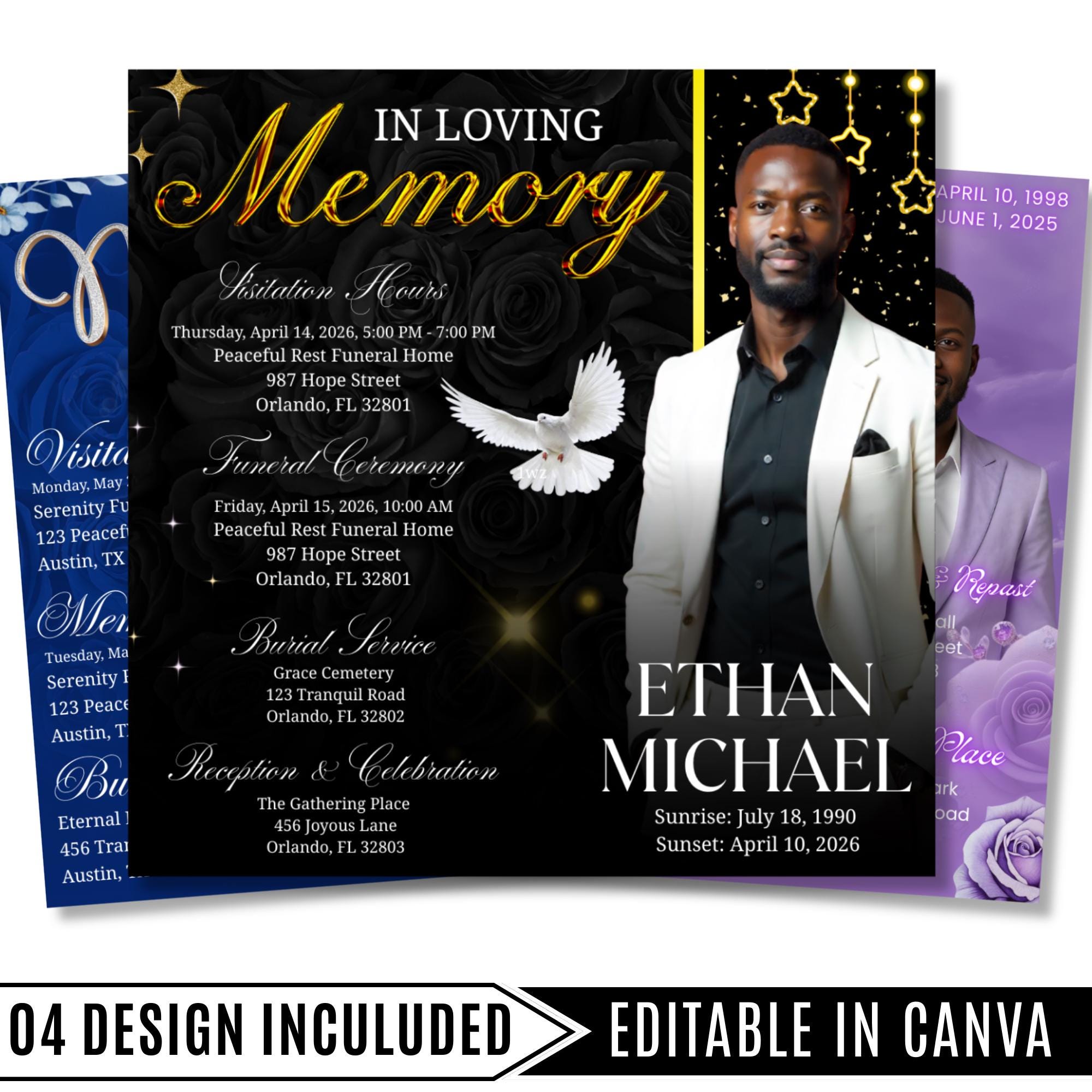 04 Memorial Flyer Canva Template Bundle, Memorial Funeral, in loving memory templates, Funeral Invite Flyer Template, Rest in Peace Flyer - Editable Memorial Canva Template