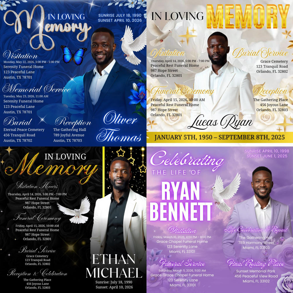04 Memorial Flyer Canva Template Bundle, Memorial Funeral, in loving memory templates, Funeral Invite Flyer Template, Rest in Peace Flyer - Editable Memorial Canva Template