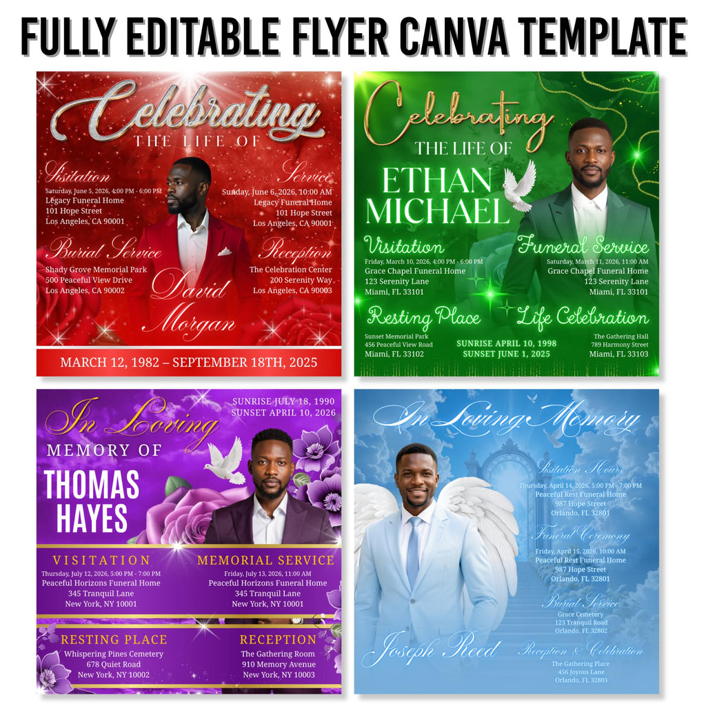 04 Memorial Funeral Invitation Flyer Canva Template Bundle, in loving memory templates, Funeral Invite Flyer Template, Rest in Peace Flyer - Editable Memorial Canva Template