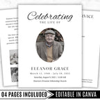 04 Pages Minimal Funeral Program Template, Memorial Funeral Program, Obituary Celebration Of Life Program, Digital Download - Editable Memorial Canva Template