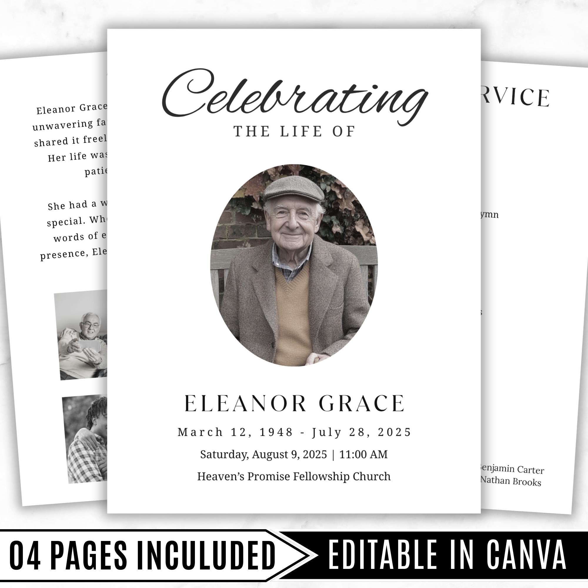 04 Pages Minimal Funeral Program Template, Memorial Funeral Program, Obituary Celebration Of Life Program, Digital Download - Editable Memorial Canva Template