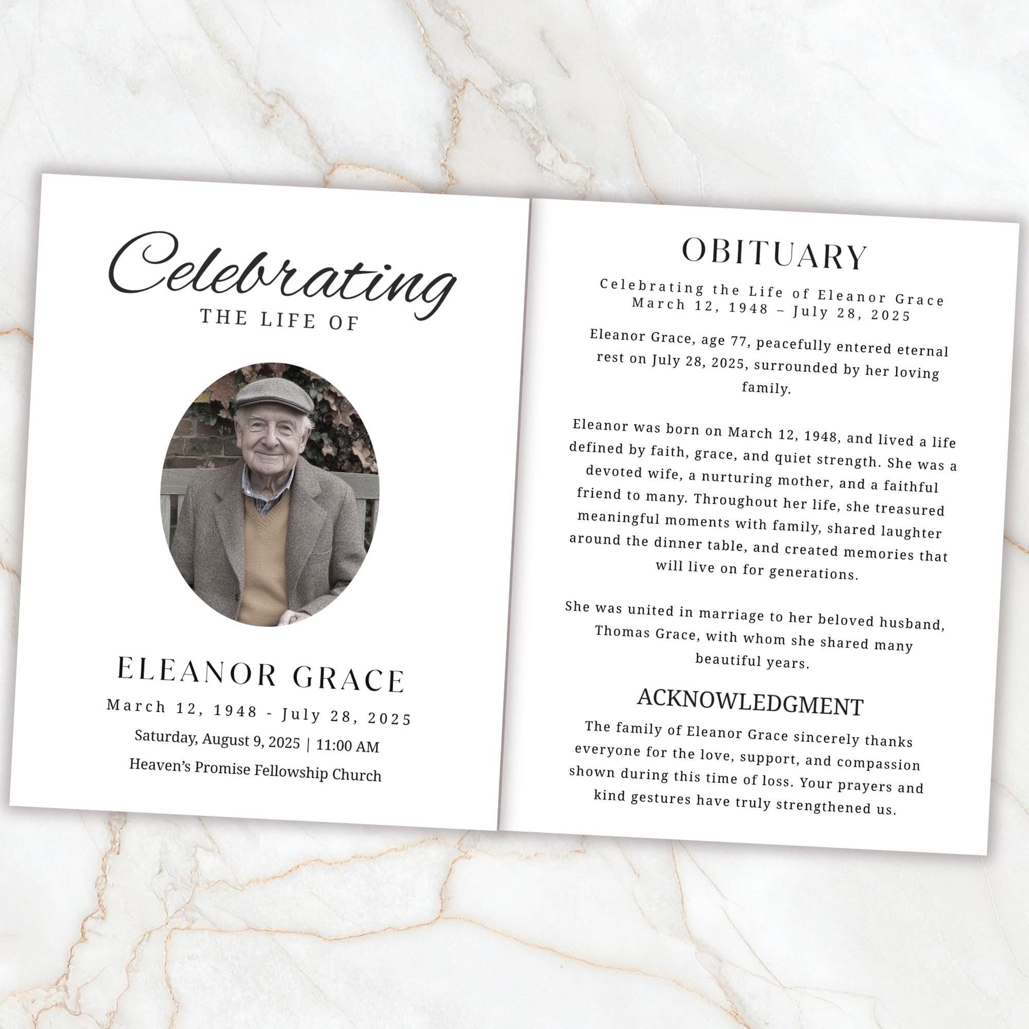 04 Pages Minimal Funeral Program Template, Memorial Funeral Program, Obituary Celebration Of Life Program, Digital Download - Editable Memorial Canva Template