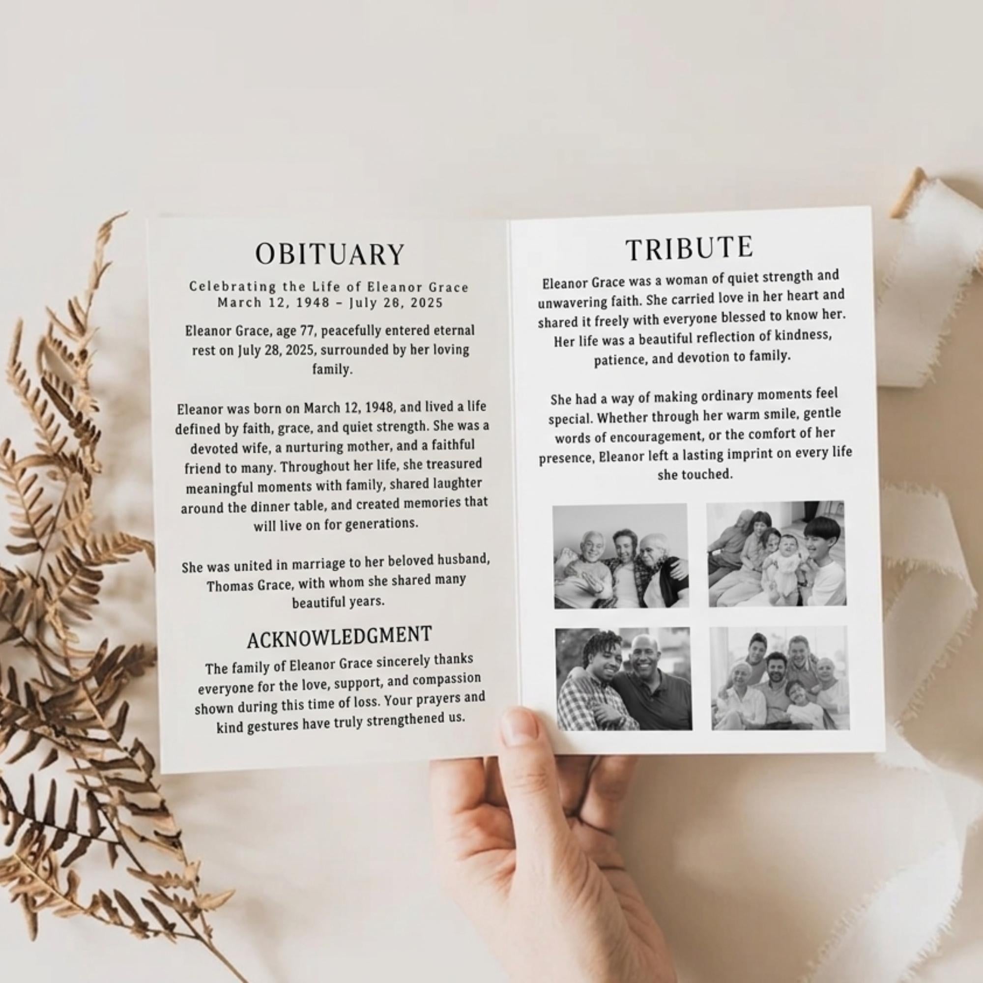 04 Pages Minimal Funeral Program Template, Memorial Funeral Program, Obituary Celebration Of Life Program, Digital Download - Editable Memorial Canva Template