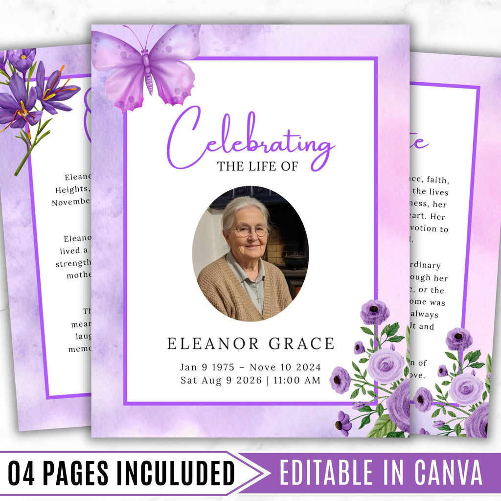04 Pages Purple Funeral Program Template, Bi-Fold Funeral Program, Obituary Celebration Of Life Program, Digital Download - Editable Memorial Canva Template