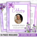 04 Pages Purple Funeral Program Template, Bi-Fold Funeral Program, Obituary Celebration Of Life Program, Digital Download - Editable Memorial Canva Template