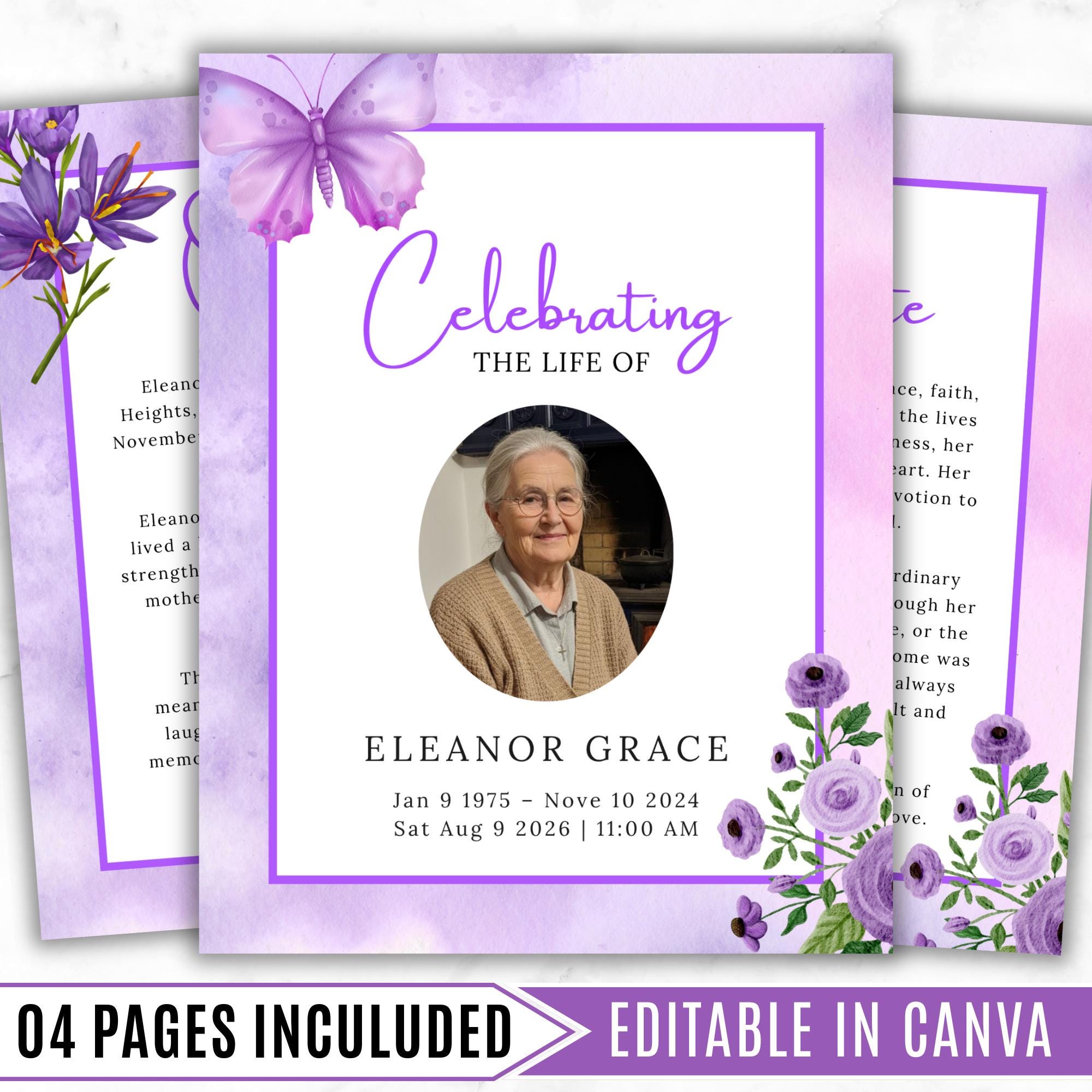 04 Pages Purple Funeral Program Template, Bi-Fold Funeral Program, Obituary Celebration Of Life Program, Digital Download - Editable Memorial Canva Template