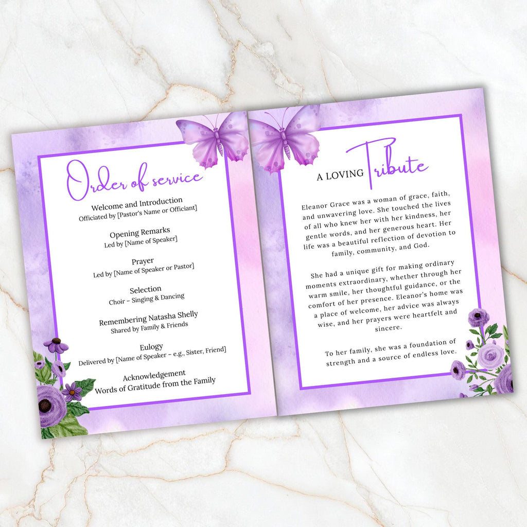04 Pages Purple Funeral Program Template, Bi-Fold Funeral Program, Obituary Celebration Of Life Program, Digital Download - Editable Memorial Canva Template