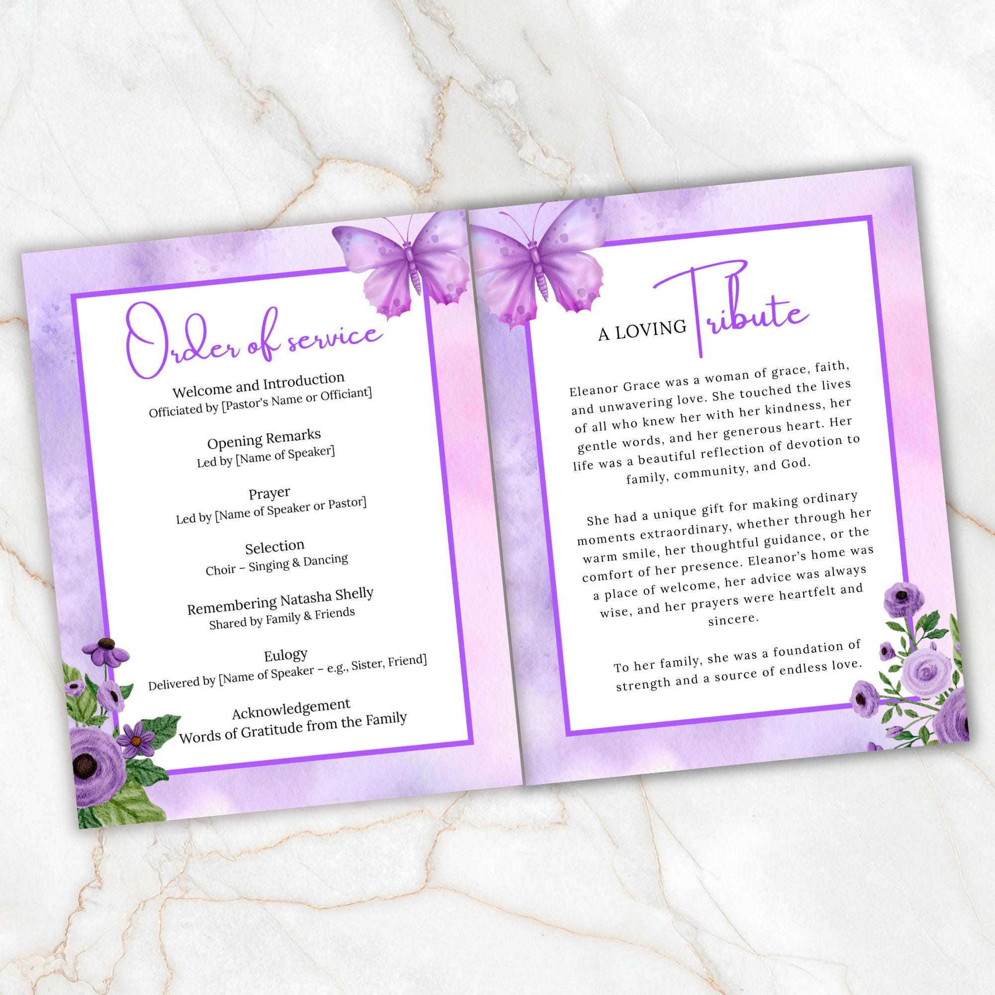 04 Pages Purple Funeral Program Template, Bi-Fold Funeral Program, Obituary Celebration Of Life Program, Digital Download - Editable Memorial Canva Template