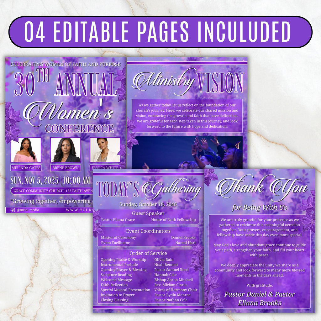 Womens Church Conference Program, Editable Bifold 8.5x11” Design, Church Appreciation Program, Anniversary & Faith Celebration - Editable Memorial Canva Template