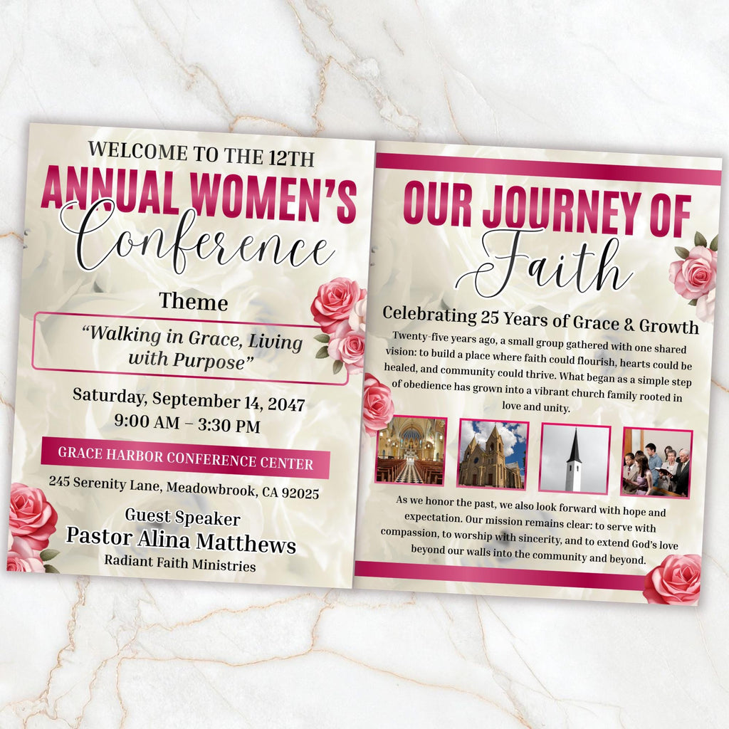 Women's Conference Program Canva Template, Editable Bifold 8.5x11” Design, Church Appreciation Program, Anniversary & Faith Celebration - Editable Memorial Canva Template