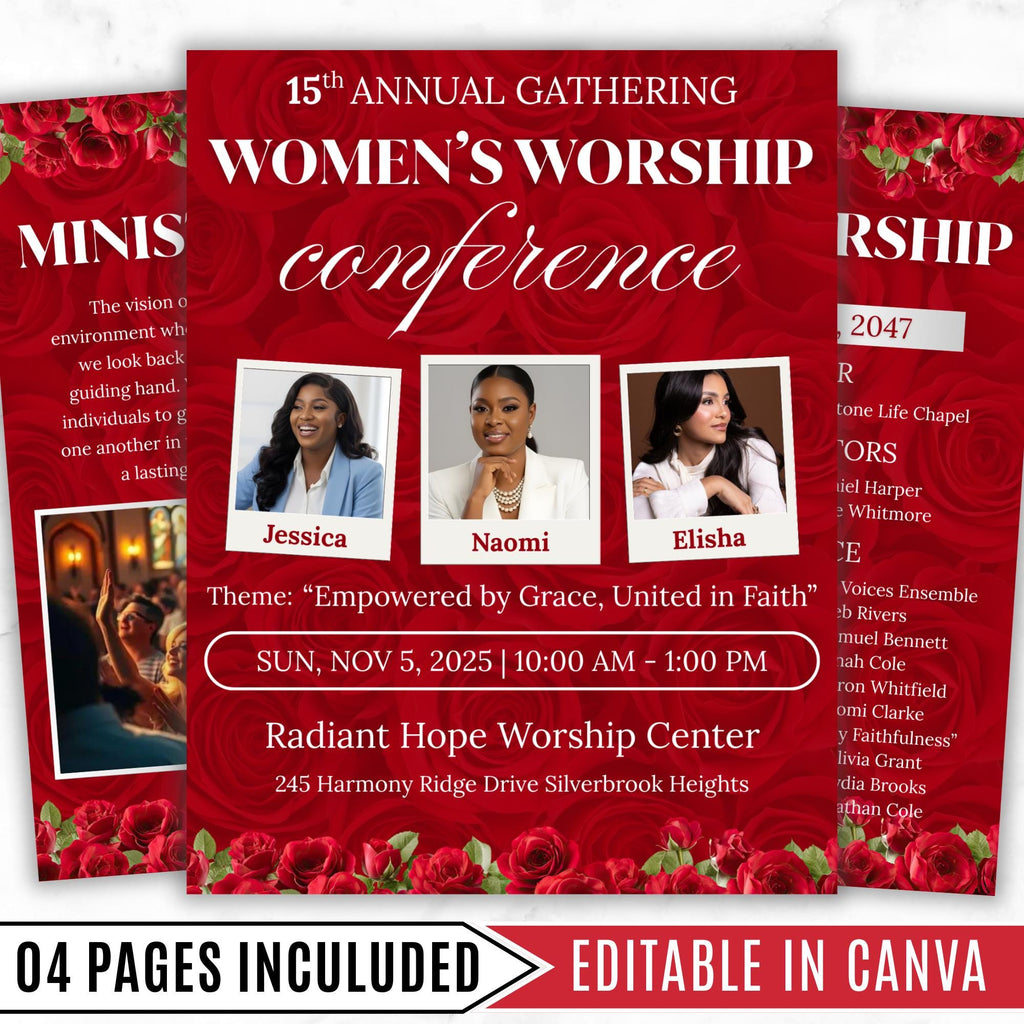 04 Red Women's Ministry Conference Program, Editable Bifold 8.5x11” Design, Canva Program Template, Digital Download - Editable Memorial Canva Template
