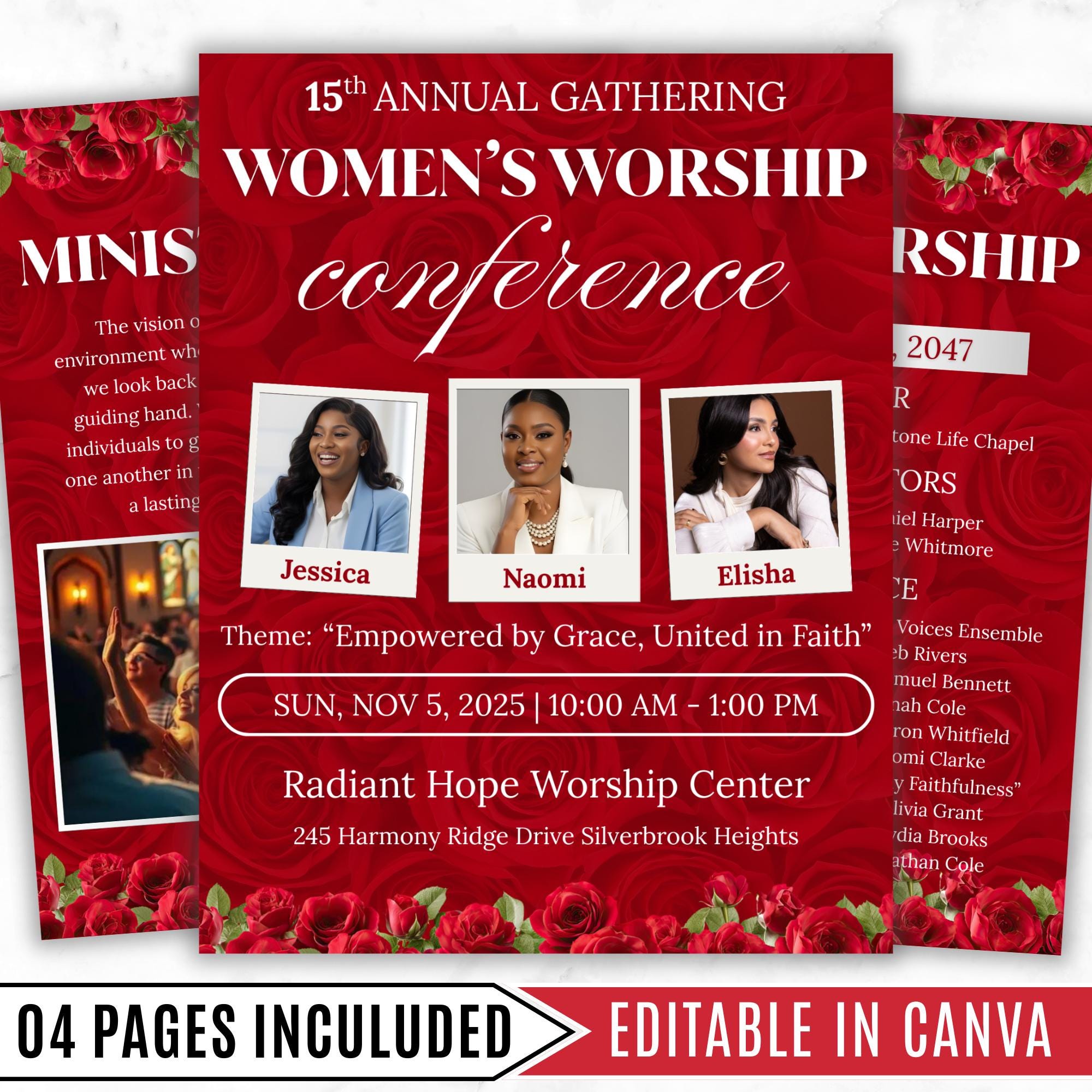 04 Red Women's Ministry Conference Program, Editable Bifold 8.5x11” Design, Canva Program Template, Digital Download - Editable Memorial Canva Template