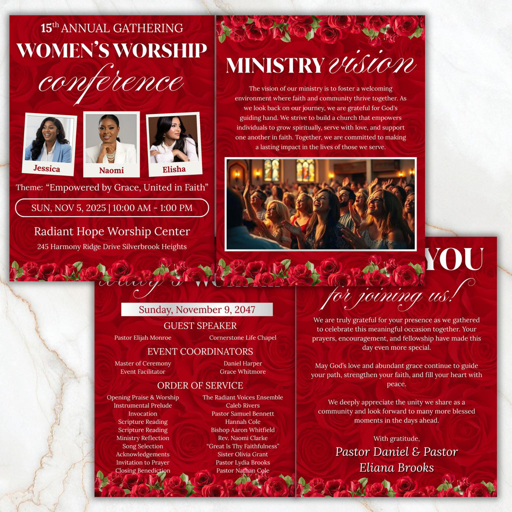 04 Red Women's Ministry Conference Program, Editable Bifold 8.5x11” Design, Canva Program Template, Digital Download - Editable Memorial Canva Template