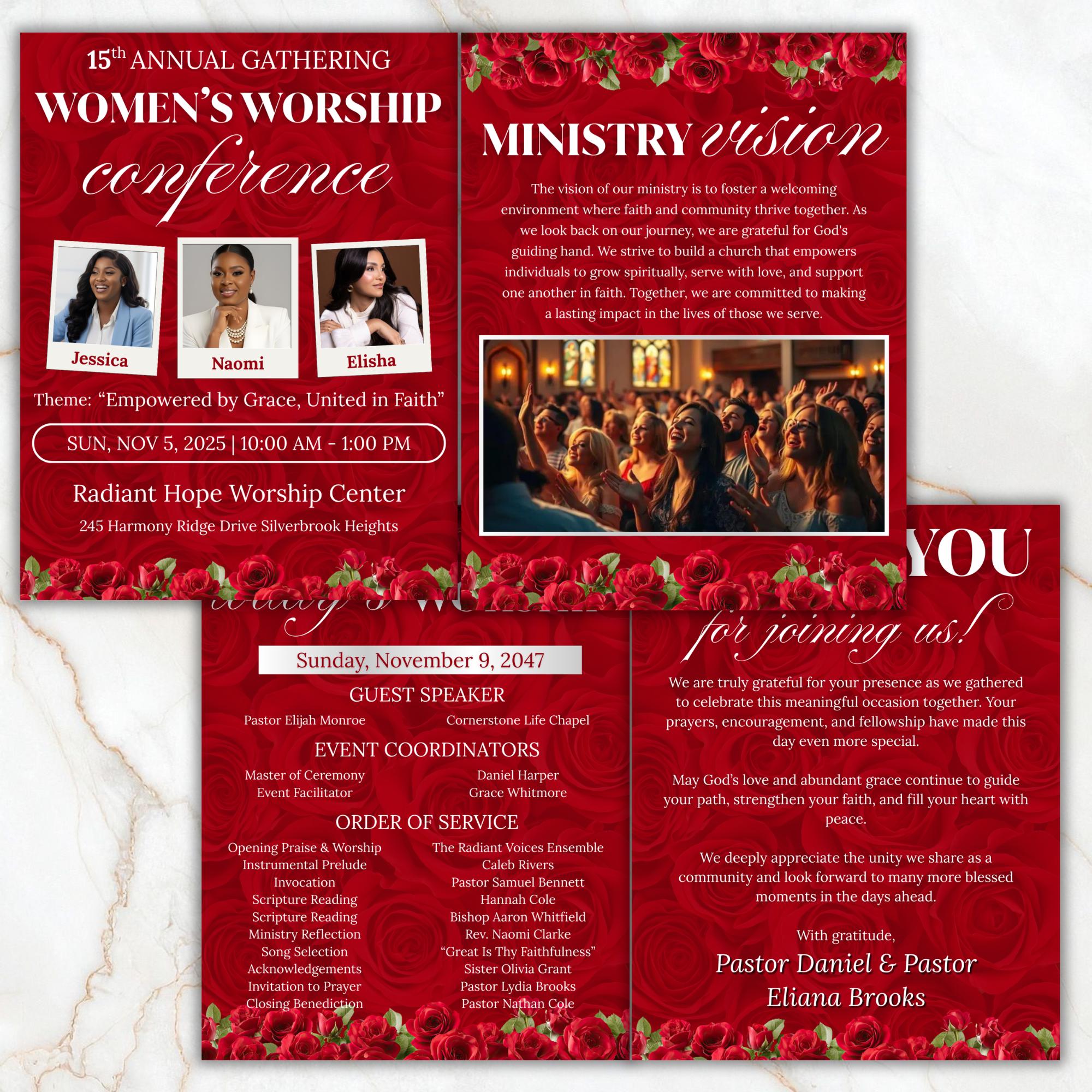 04 Red Women's Ministry Conference Program, Editable Bifold 8.5x11” Design, Canva Program Template, Digital Download - Editable Memorial Canva Template