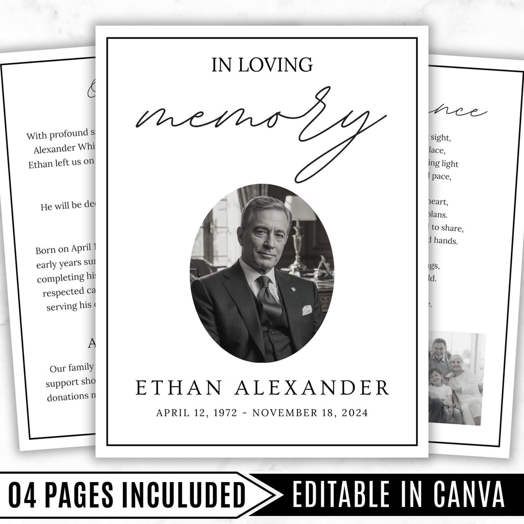 04 Pages Funeral Program Template, Bi-Fold Funeral Program, Obituary Celebration Of Life Program, Digital Download - Editable Memorial Canva Template