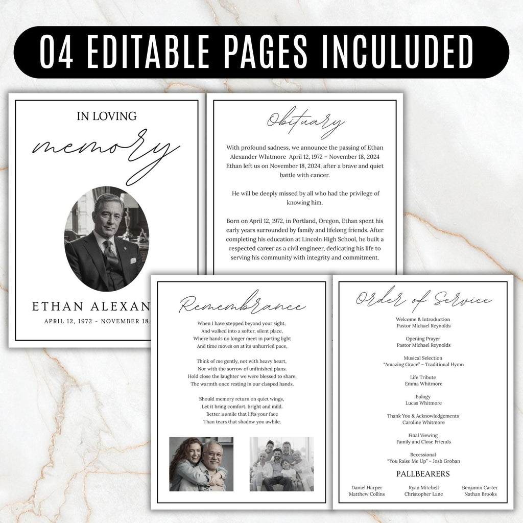 04 Pages Funeral Program Template, Bi-Fold Funeral Program, Obituary Celebration Of Life Program, Digital Download - Editable Memorial Canva Template