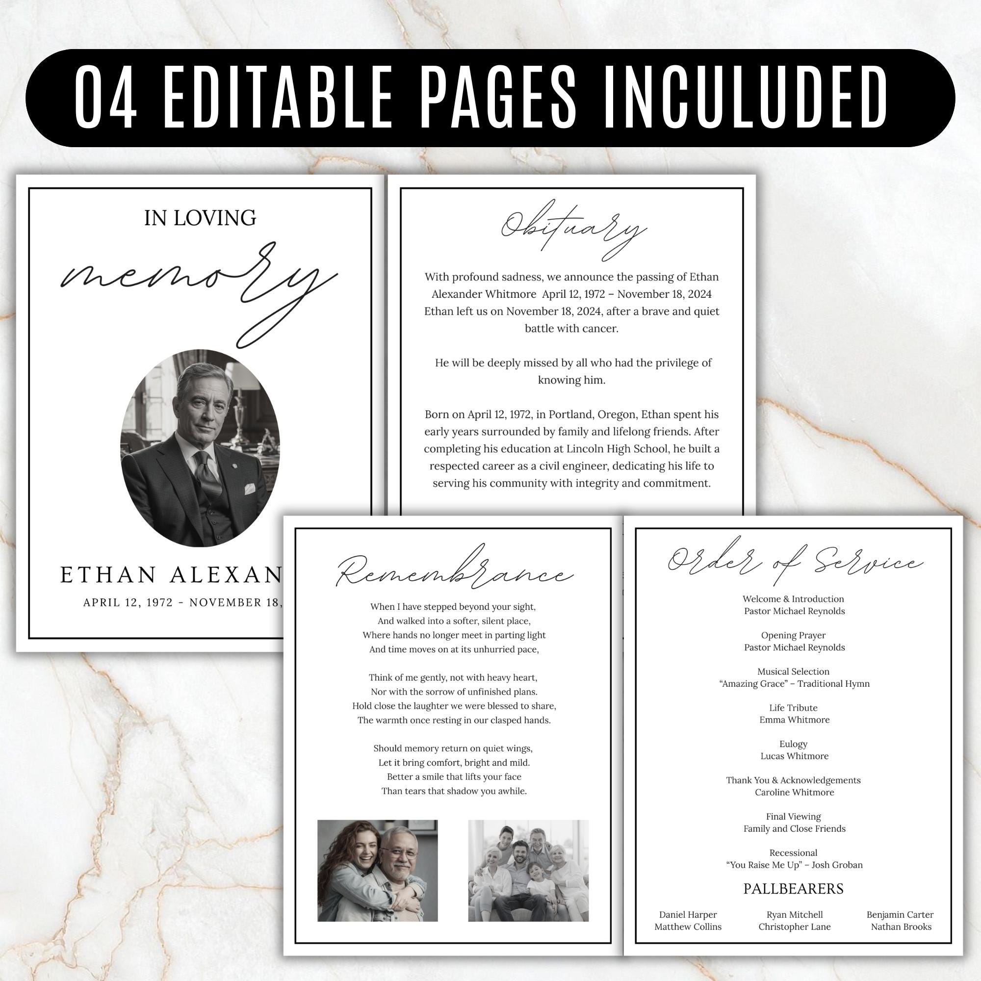 04 Pages Funeral Program Template, Bi-Fold Funeral Program, Obituary Celebration Of Life Program, Digital Download - Editable Memorial Canva Template