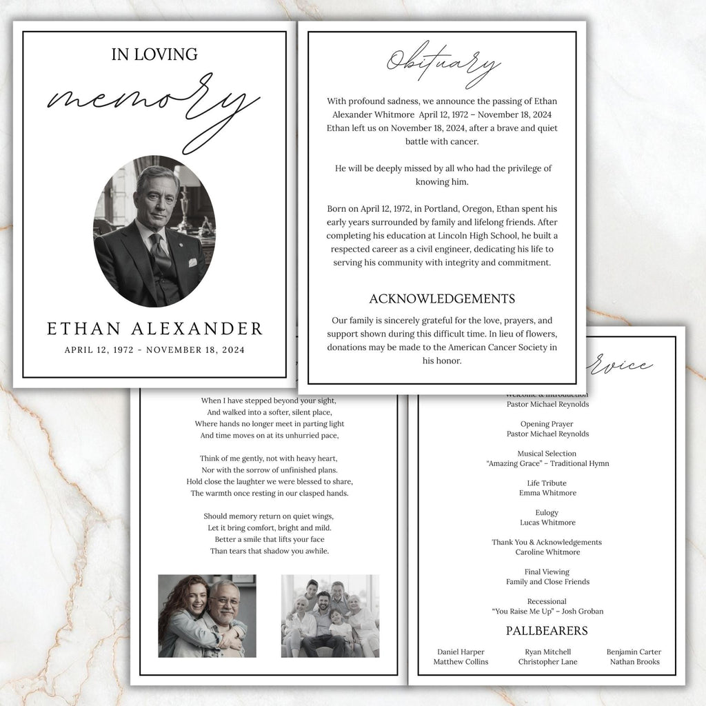 04 Pages Funeral Program Template, Bi-Fold Funeral Program, Obituary Celebration Of Life Program, Digital Download - Editable Memorial Canva Template