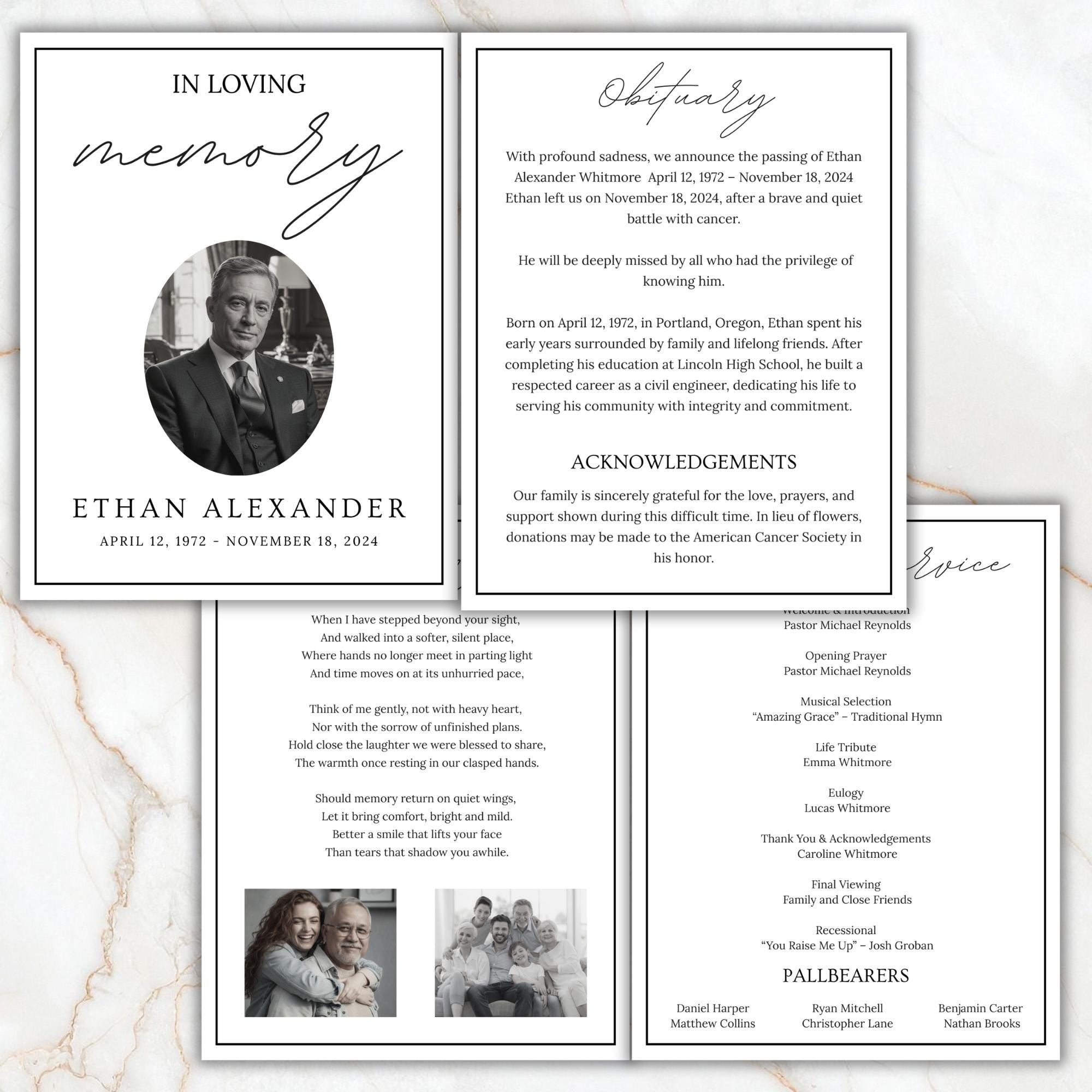 04 Pages Funeral Program Template, Bi-Fold Funeral Program, Obituary Celebration Of Life Program, Digital Download - Editable Memorial Canva Template