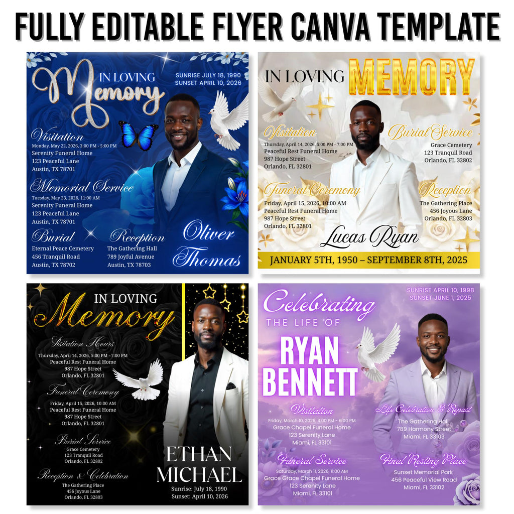 04 Memorial Flyer Canva Template Bundle, Memorial Funeral, in loving memory templates, Funeral Invite Flyer Template, Rest in Peace Flyer - Editable Memorial Canva Template