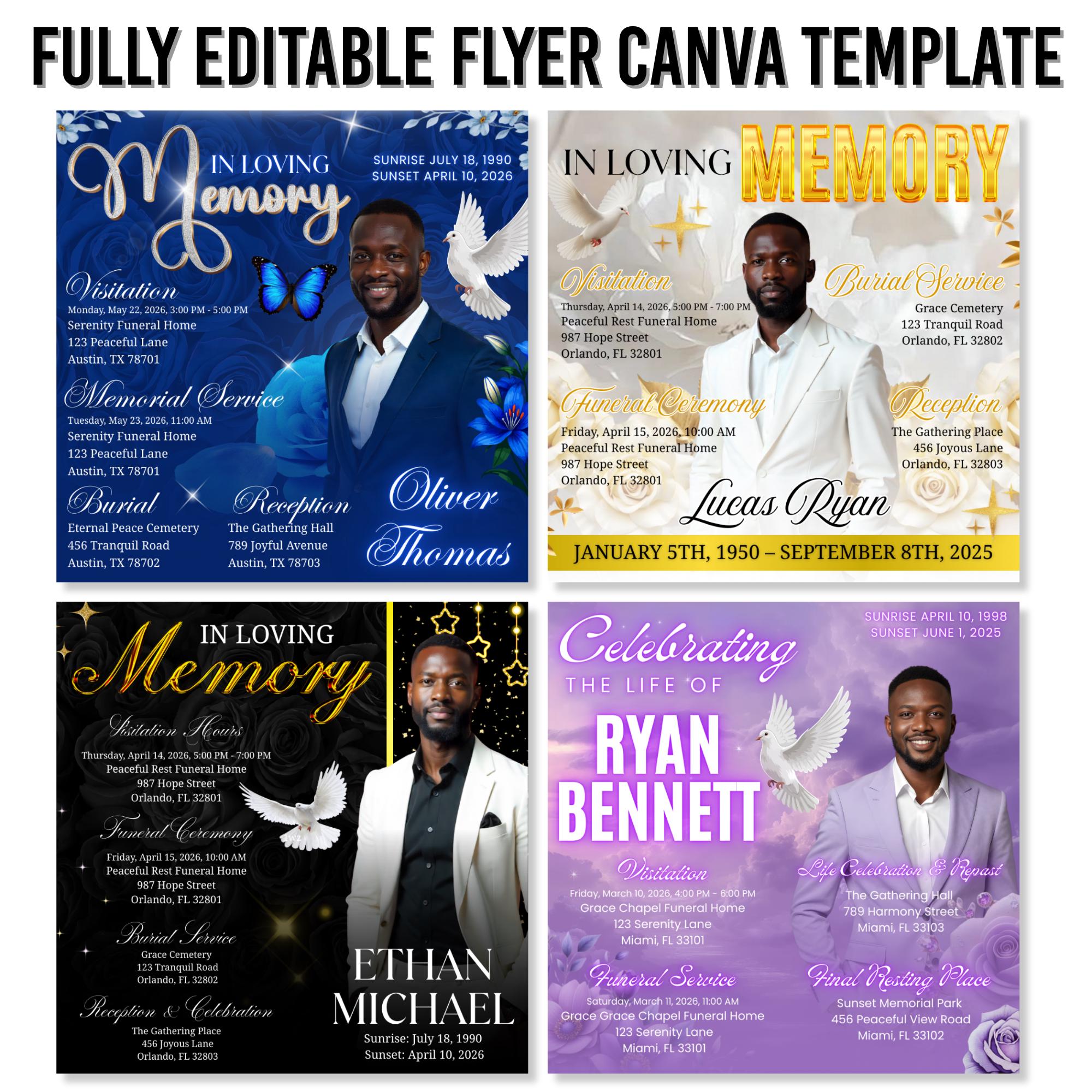 04 Memorial Flyer Canva Template Bundle, Memorial Funeral, in loving memory templates, Funeral Invite Flyer Template, Rest in Peace Flyer - Editable Memorial Canva Template