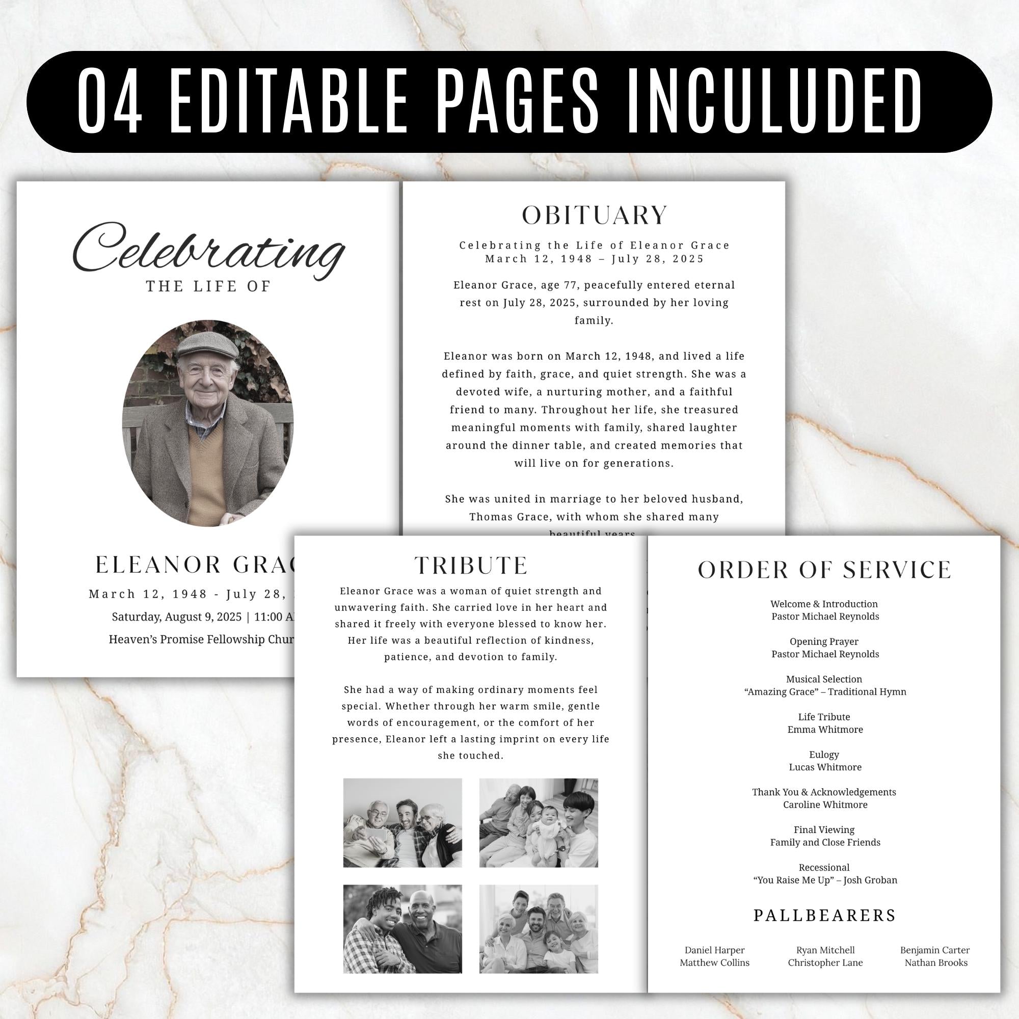 04 Pages Minimal Funeral Program Template, Memorial Funeral Program, Obituary Celebration Of Life Program, Digital Download - Editable Memorial Canva Template