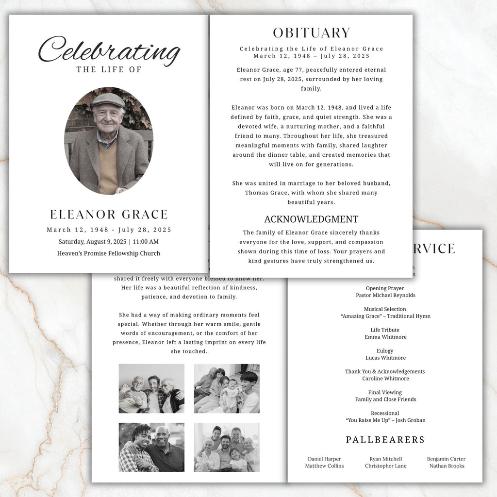 04 Pages Minimal Funeral Program Template, Memorial Funeral Program, Obituary Celebration Of Life Program, Digital Download - Editable Memorial Canva Template