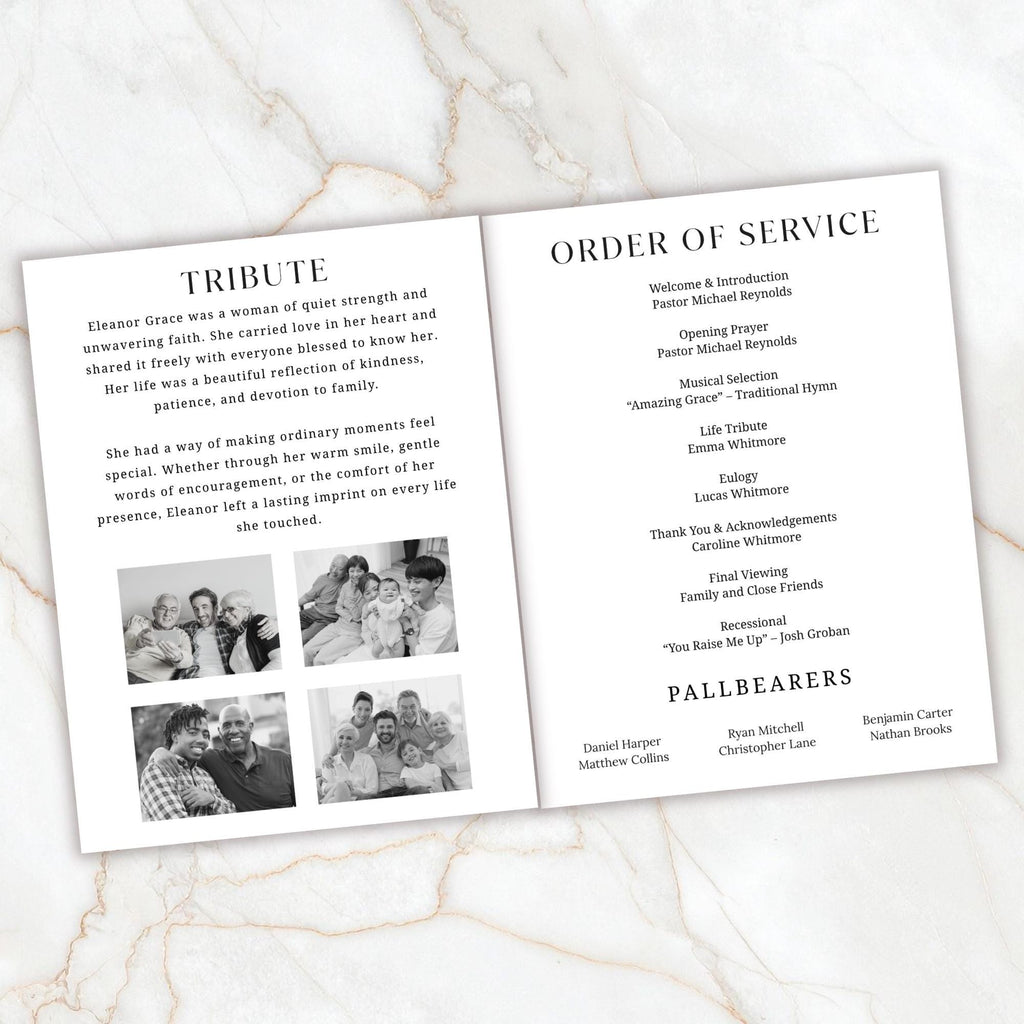 04 Pages Minimal Funeral Program Template, Memorial Funeral Program, Obituary Celebration Of Life Program, Digital Download - Editable Memorial Canva Template