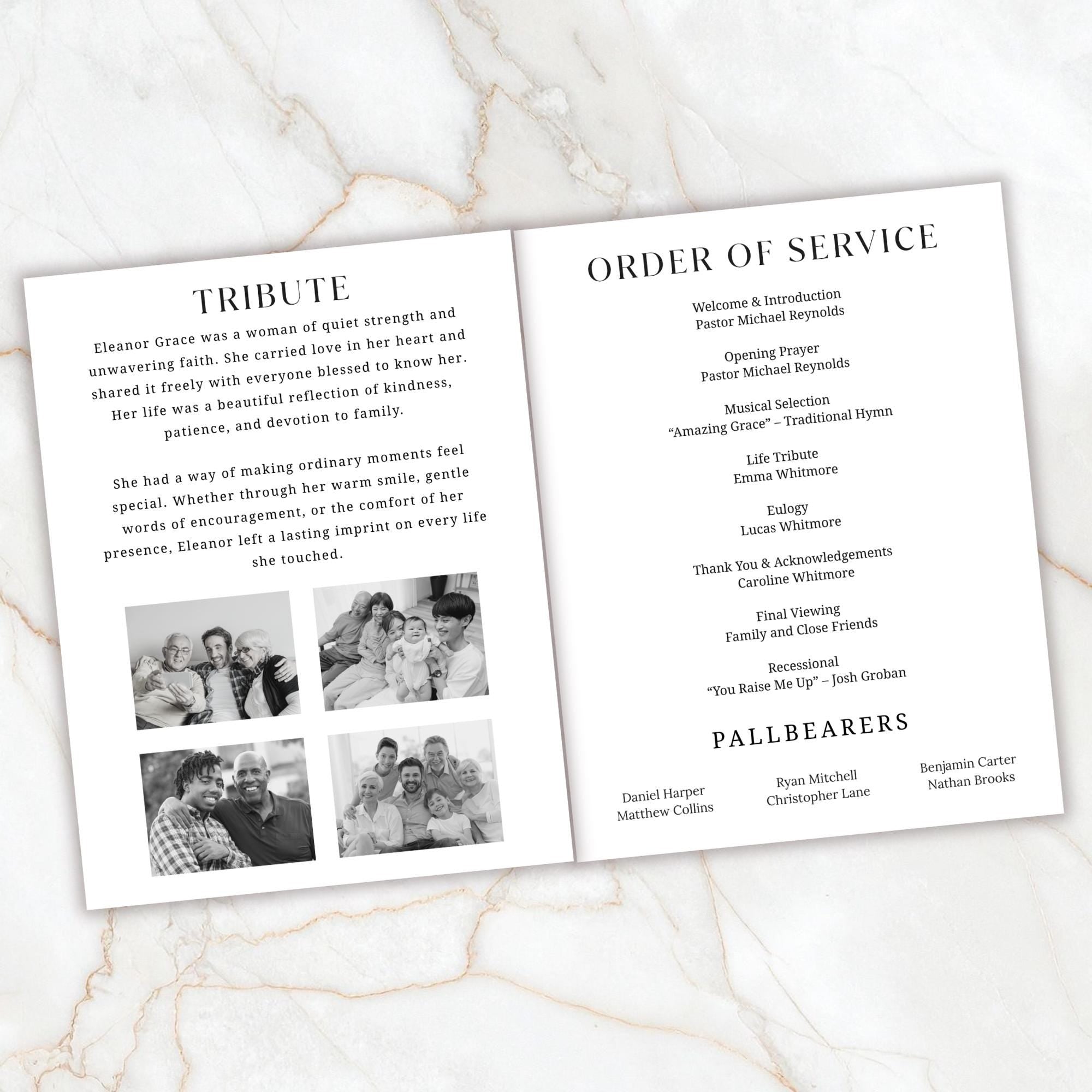 04 Pages Minimal Funeral Program Template, Memorial Funeral Program, Obituary Celebration Of Life Program, Digital Download - Editable Memorial Canva Template