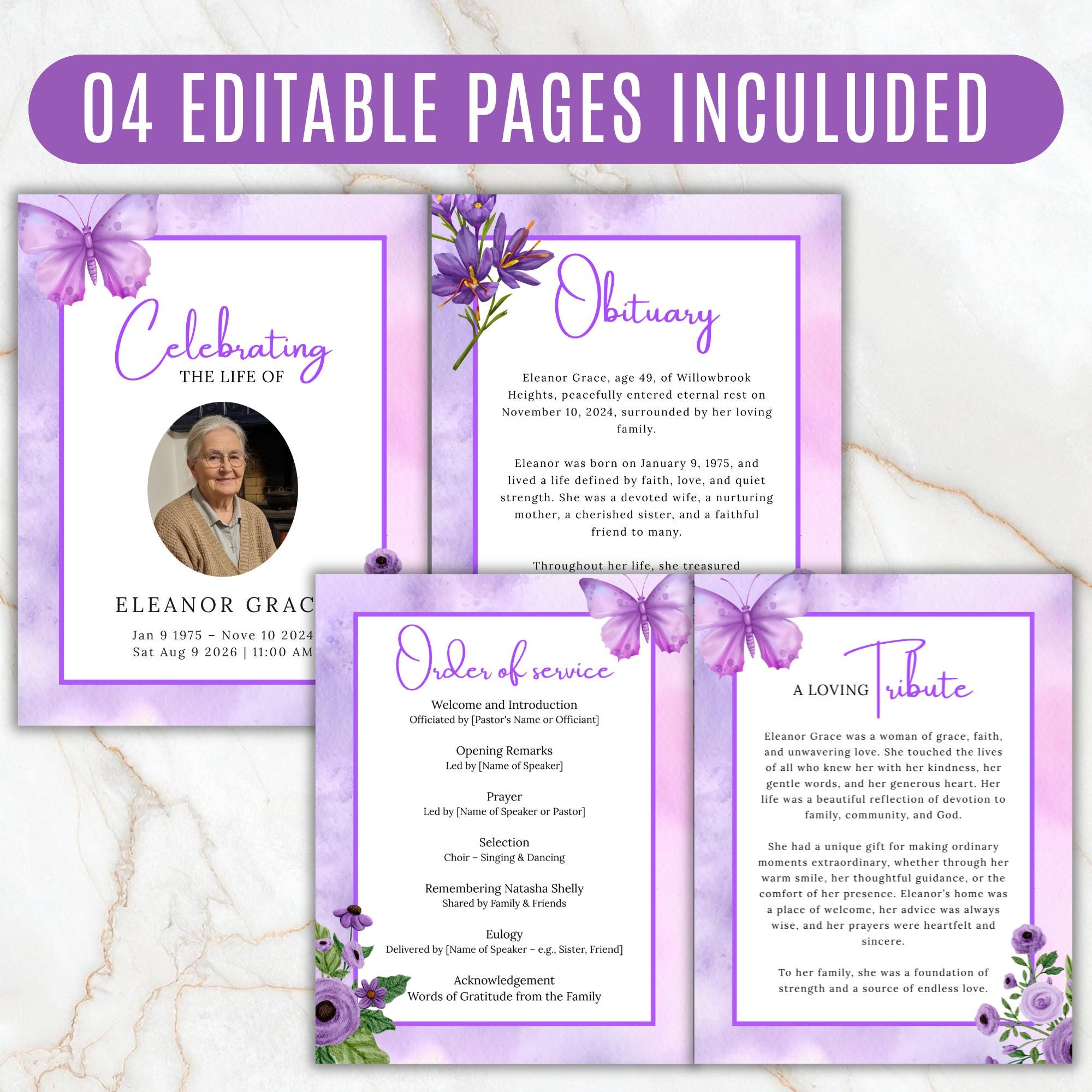 04 Pages Purple Funeral Program Template, Bi-Fold Funeral Program, Obituary Celebration Of Life Program, Digital Download - Editable Memorial Canva Template