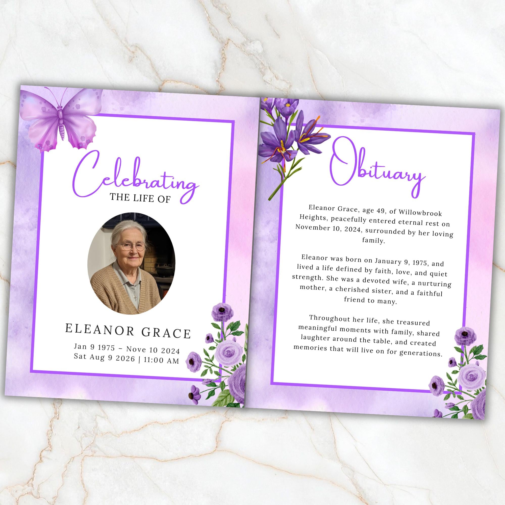 04 Pages Purple Funeral Program Template, Bi-Fold Funeral Program, Obituary Celebration Of Life Program, Digital Download - Editable Memorial Canva Template