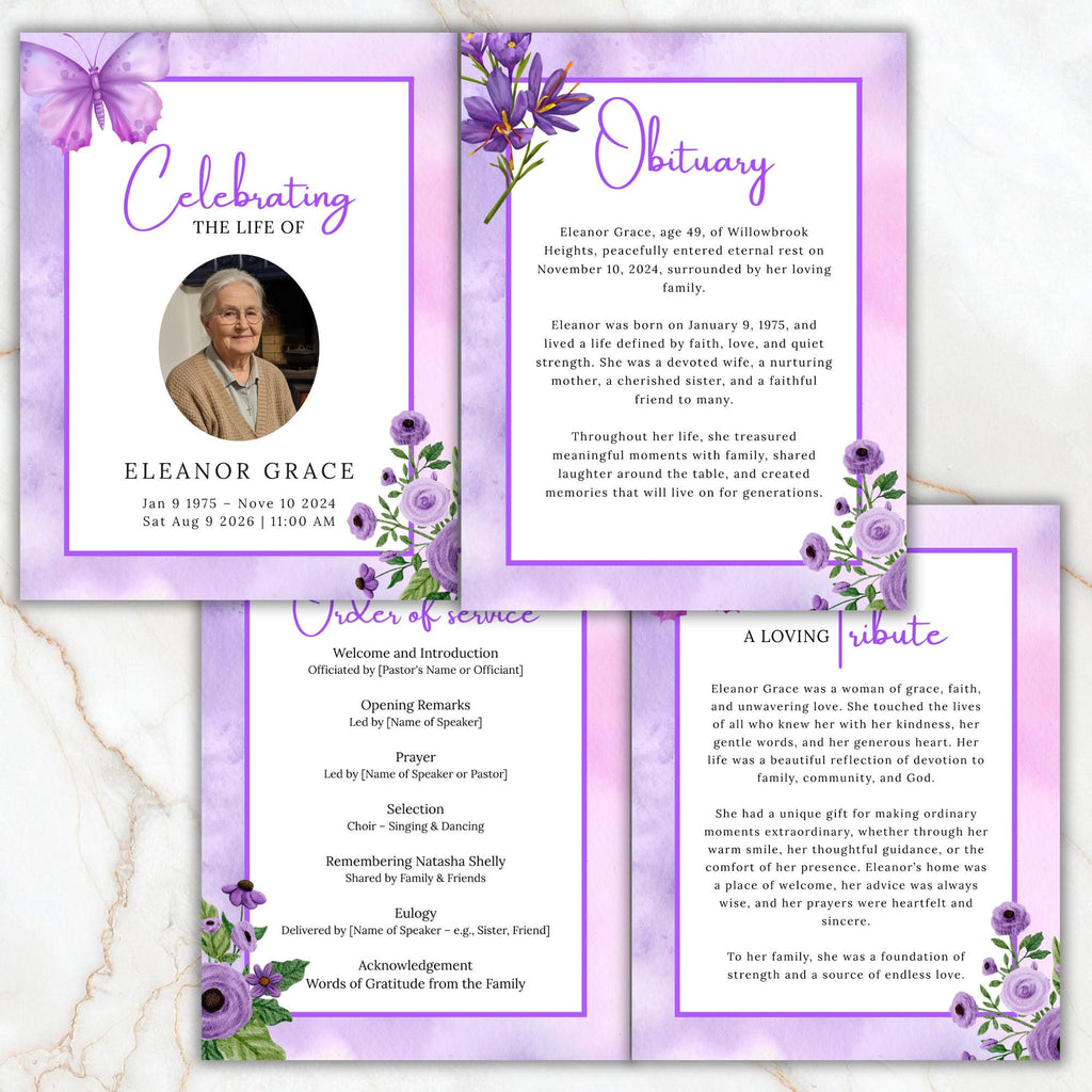04 Pages Purple Funeral Program Template, Bi-Fold Funeral Program, Obituary Celebration Of Life Program, Digital Download - Editable Memorial Canva Template